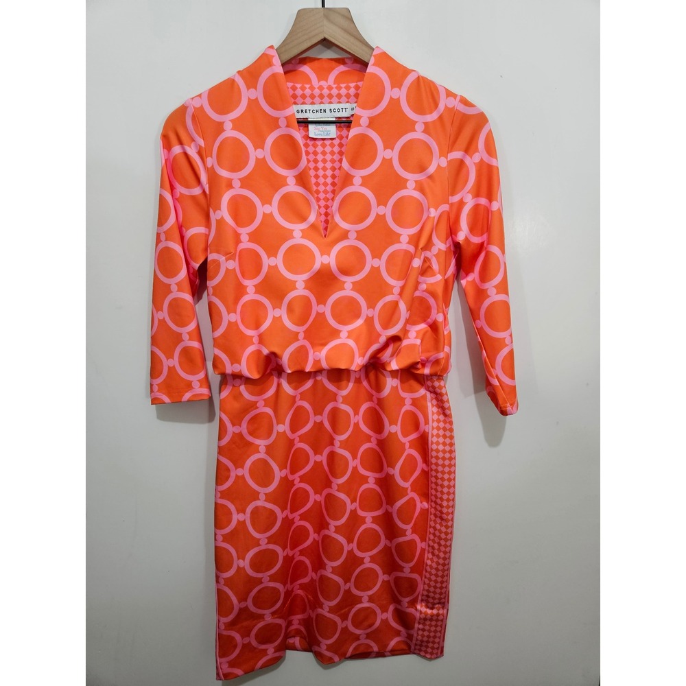 Gretchen Scott S Orange Pink Geometric Jersey Wrap Dress 3/4 Sleeve Resort